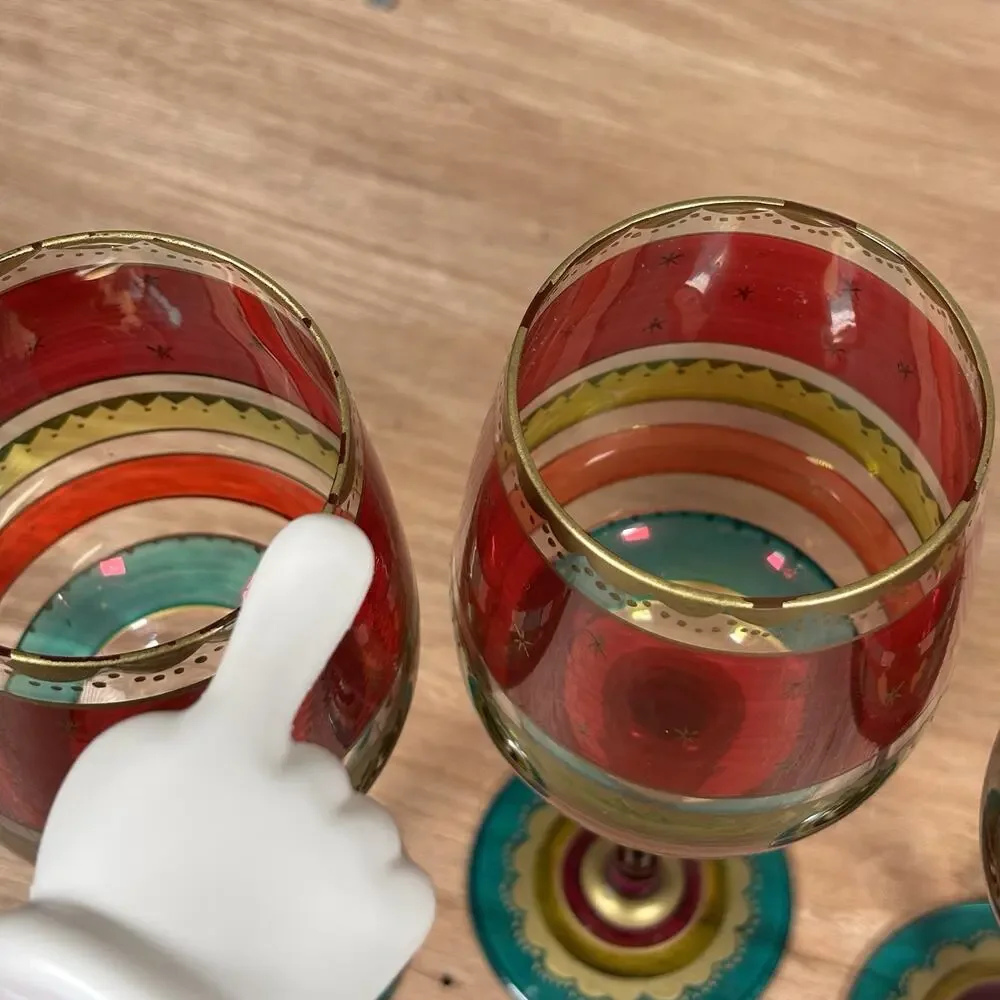 Pier 1 Festive Stripe Red Gold Purple Green Bands Stem Wine Glass Gold‎ Set Of 3